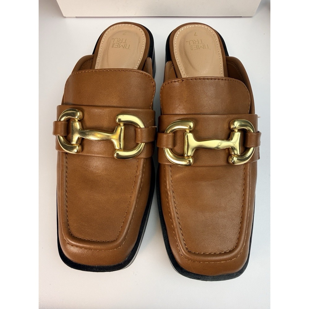 Square Toe Horsebit Mules Brown 7 Slip On Loafers Low Heel Memory Foam Time Tru